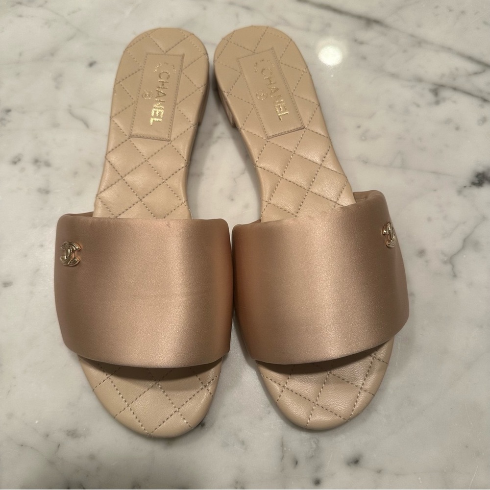CHANEL Satin Mules Slides Sandals Beige